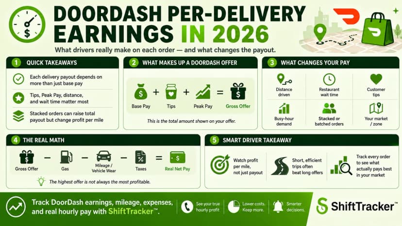 DoorDash per-delivery earnings 2026 infographic: base pay plus Peak Pay and tips form the gross offer, then gas and mileage are subtracted to get real net pay