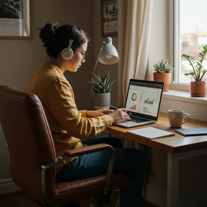 Person working on a laptop at a desk, analyzing graphs and charts, with plants and a coffee cup nearby
