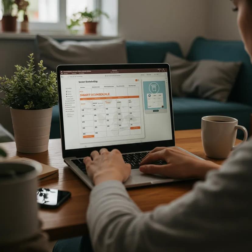 Person using a laptop with a shift planning app on a wooden table, surrounded by plants and a smartphone