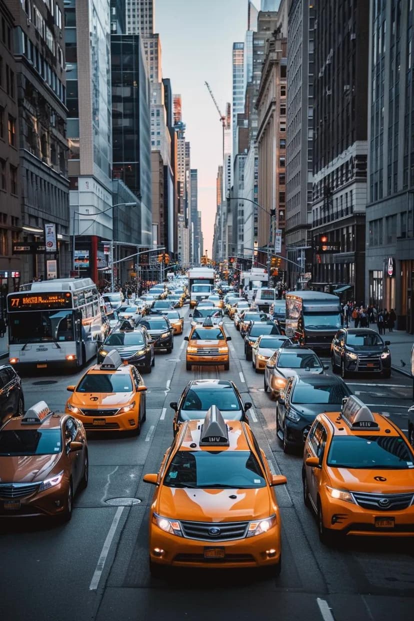 Busy city street filled with yellow taxis and cars, illustrating urban transportation for Uber and Lyft drivers