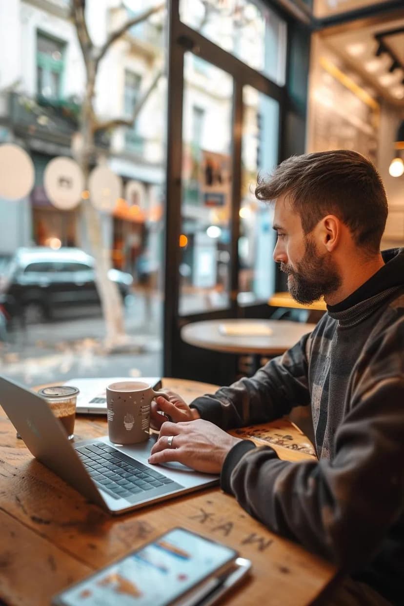 Man working on a laptop at a café, analyzing data with coffee cups on the table — unlock peak earnings master gig