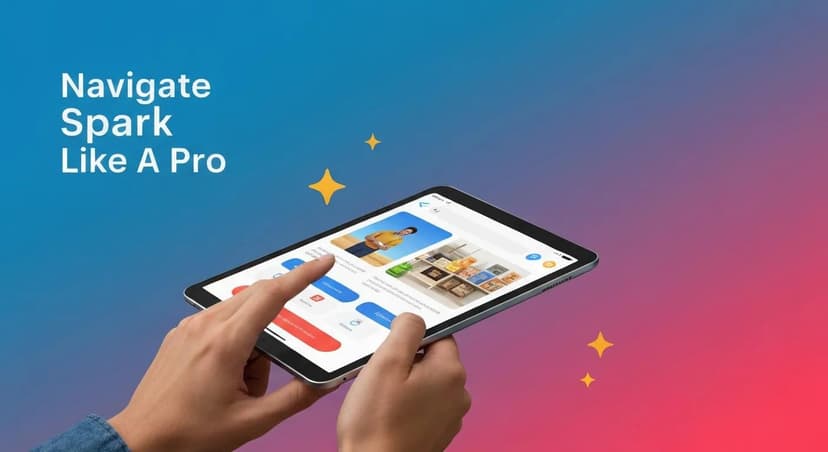 Hands holding a tablet displaying the Spark app interface with a colorful gradient background