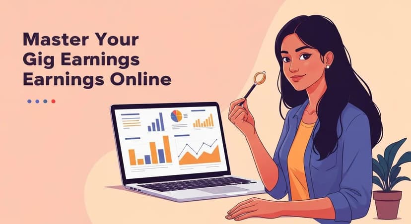 Woman holding a pen next to a laptop displaying graphs and charts about gig earnings online