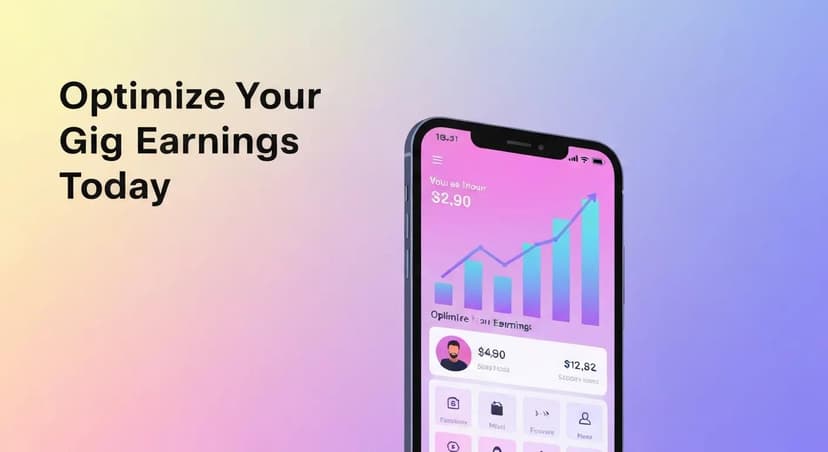 Smartphone displaying a gig earnings tracker with a colorful gradient background and text promoting optimization