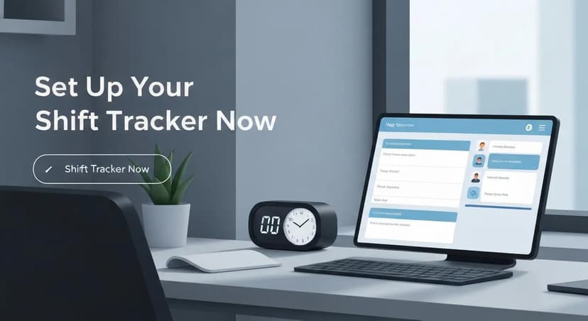Desk with a computer displaying a shift tracker setup, a clock, and a plant — start shift tracker easy setup
