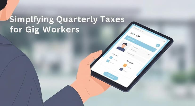 Hand holding a tablet displaying a tax estimator for gig workers with the text "Simplifying Quarterly Taxes for Gig Workers
