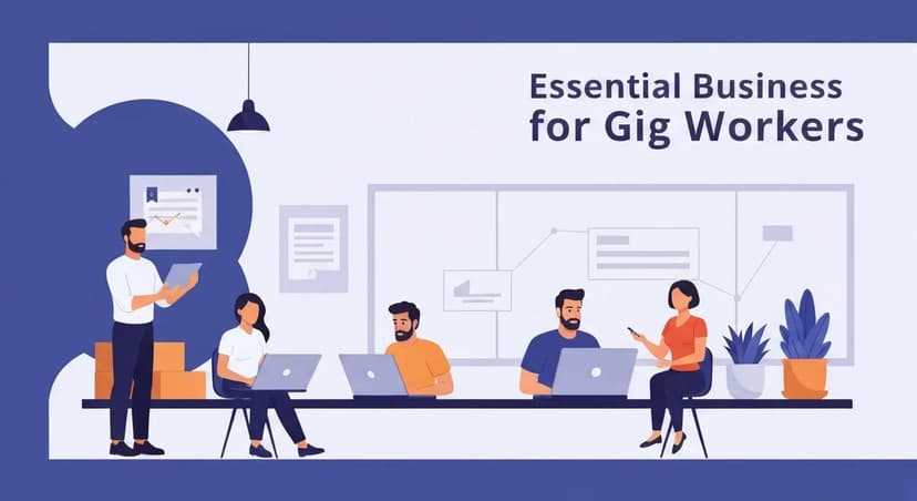 Illustration of diverse gig workers collaborating in a modern workspace, focusing on business essentials