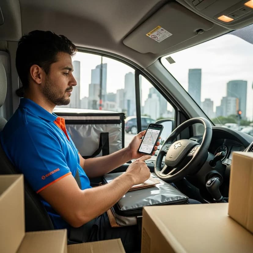 Delivery driver using a smartphone in a vehicle, surrounded by delivery packages and a city skyline in the background