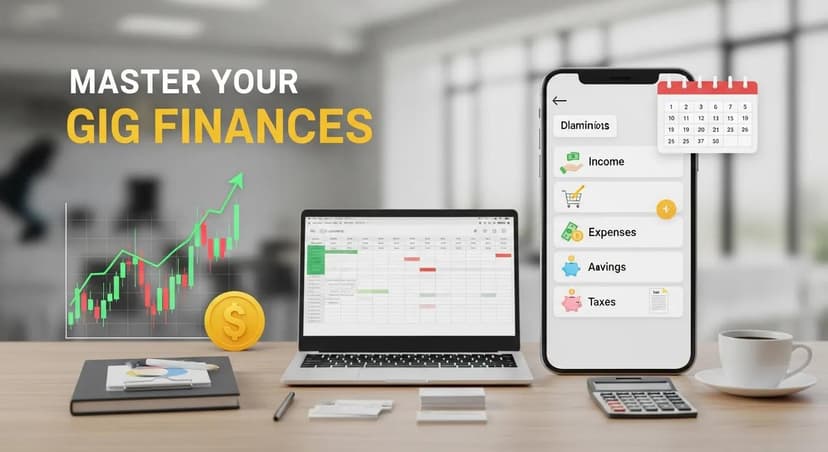 Laptop and smartphone displaying financial apps, charts, and budgeting tools, with a dollar coin on a desk