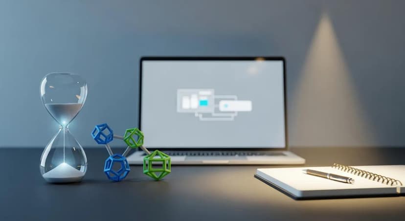 Hourglass and geometric shapes on a desk beside a laptop and notepad, symbolizing mindfulness for gig workers
