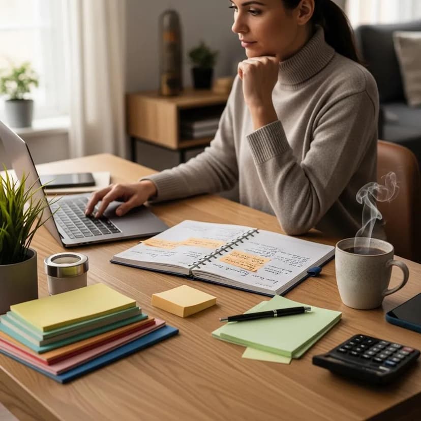 Woman working on a laptop at a desk, surrounded by notebooks, sticky notes, and a steaming cup of coffee