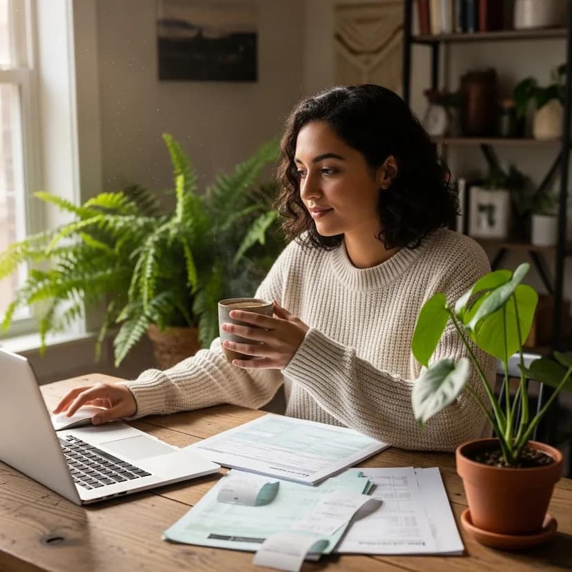 Young woman working on a laptop at a desk with plants, holding a coffee cup and reviewing financial documents