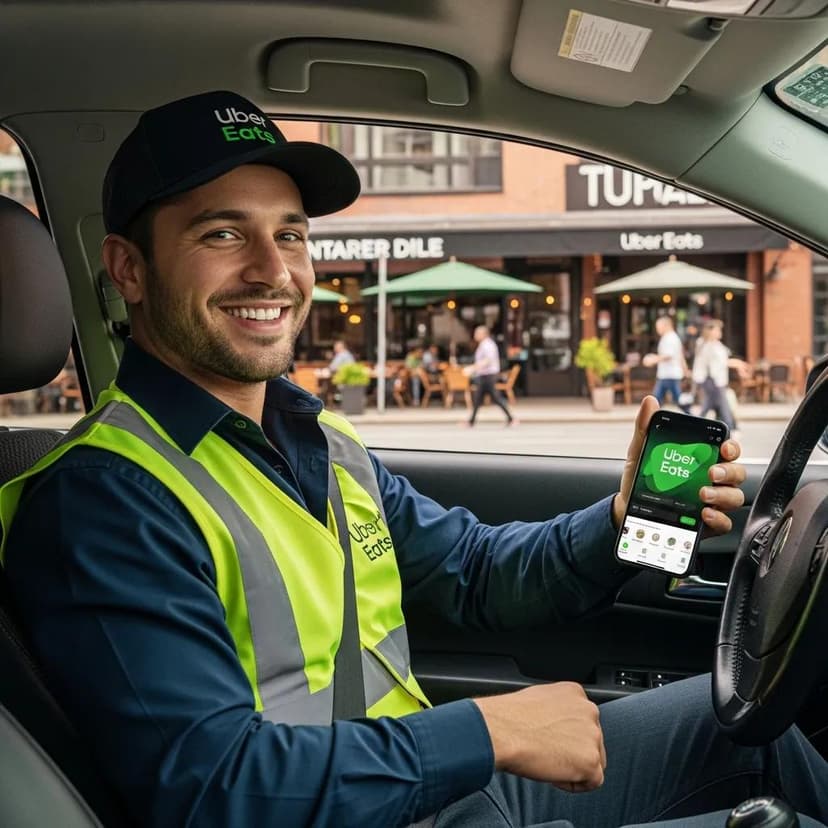 Uber Eats driver in a car, smiling and holding a phone displaying the Uber Eats app, with a restaurant in the background