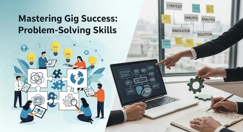 Graphic illustrating problem-solving skills for gig workers, featuring charts, teamwork, and strategy elements