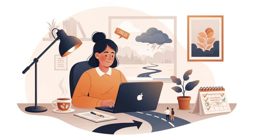 Woman working on a laptop at a desk, surrounded by plants, a calendar, and a coffee cup, illustrating gig worker stress
