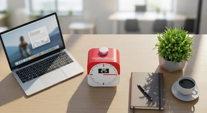 Red Pomodoro timer set to 25 minutes on a desk with a laptop, notebook, plant, and coffee cup