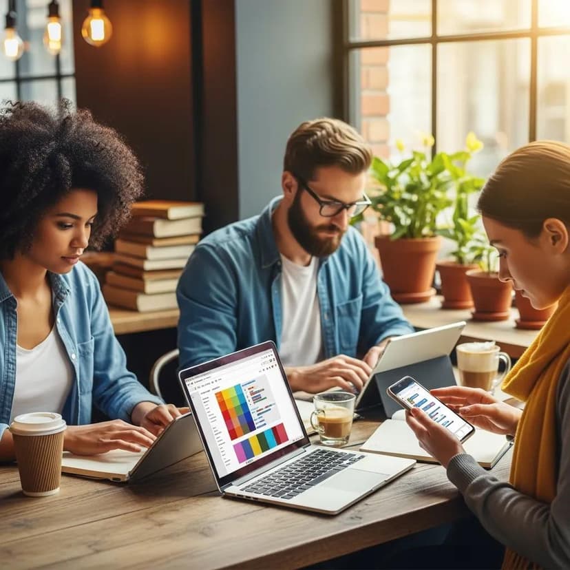 Three gig workers collaborating in a cozy café, using laptops and a tablet to boost efficiency and earnings