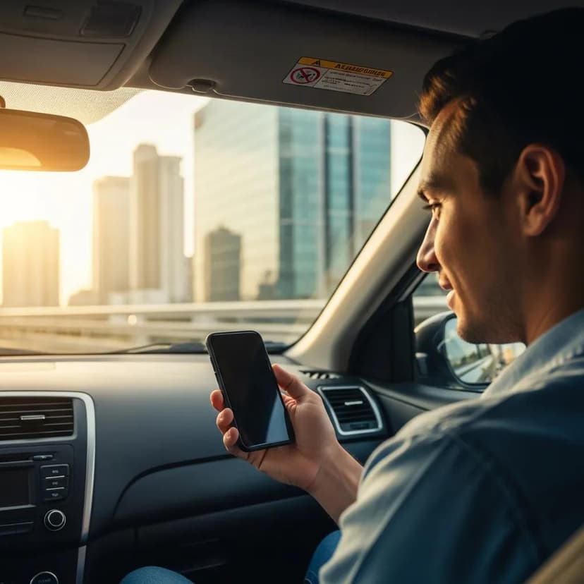 Rideshare driver looking at a smartphone while sitting in a car with city skyline in the background
