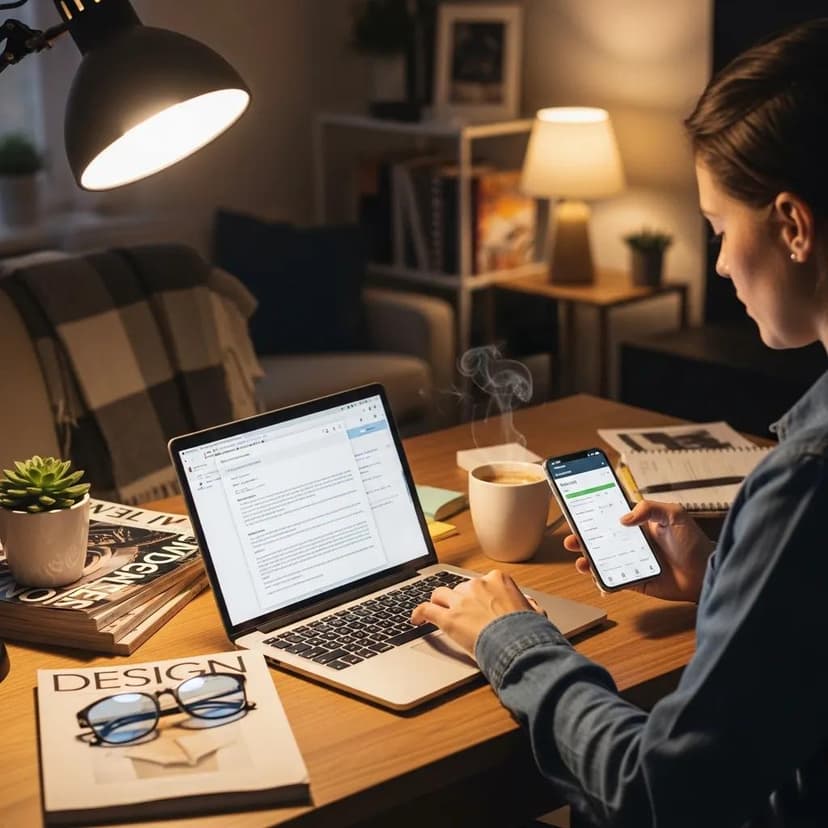 Person using a smartphone and laptop at a desk, with coffee and design magazines in a cozy workspace