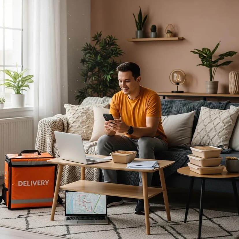 Delivery driver using a smartphone at home, with a laptop and delivery bag nearby, surrounded by plants and books