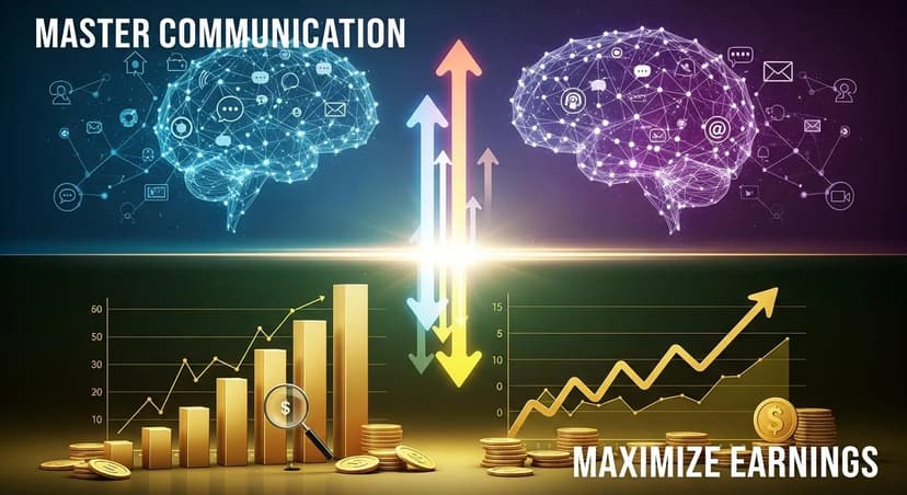 Brain graphics with communication icons, upward graphs, and coins representing earnings and growth