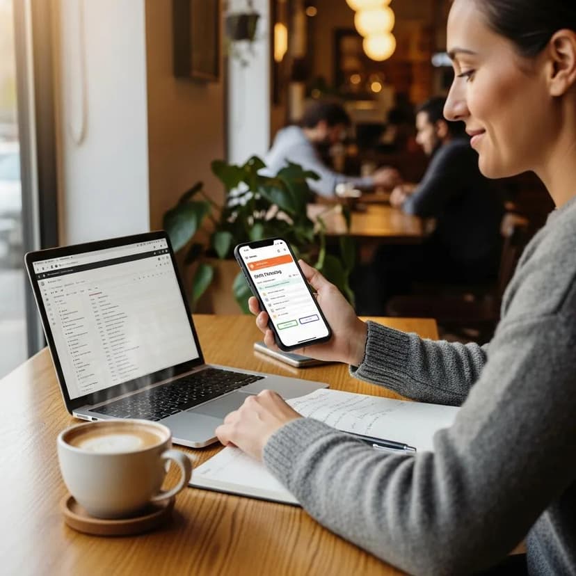Woman using a smartphone to track shifts while working on a laptop in a cozy café setting — best shift tracking apps gig