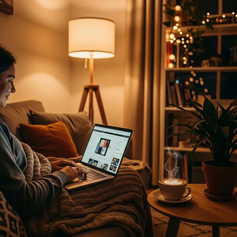 Person working on a laptop in a cozy living room at night, with a cup of coffee and soft lighting — top evening side jobs pay