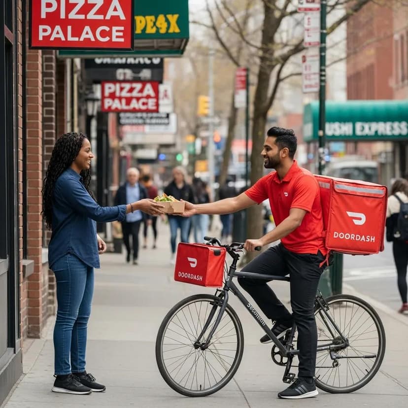 DoorDash delivery driver on a bicycle handing food to a customer outside a pizza restaurant — doordash careers 2026