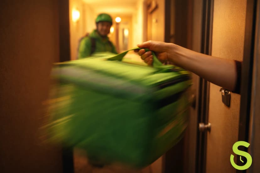 Delivery person in green uniform handing over a food delivery bag at an apartment door — doordash vs uber eats vs