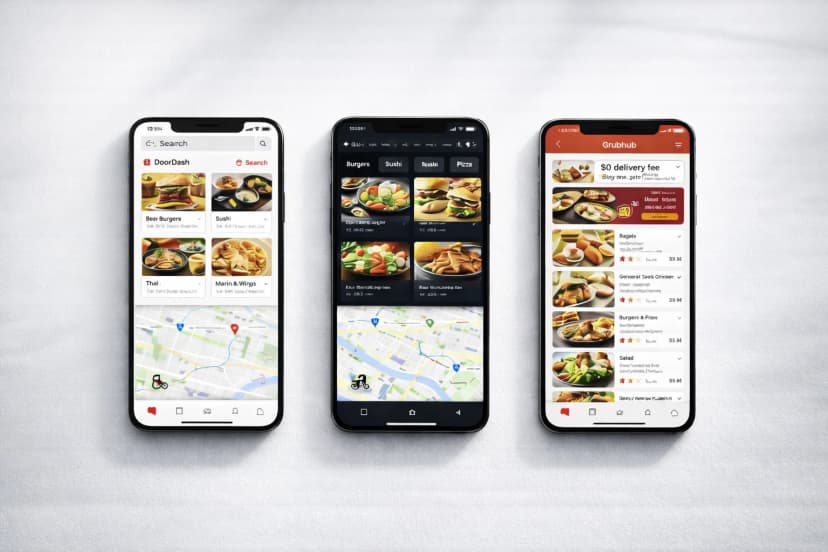 Comparison of DoorDash, Uber Eats, and Grubhub app interfaces on three smartphones displaying food options