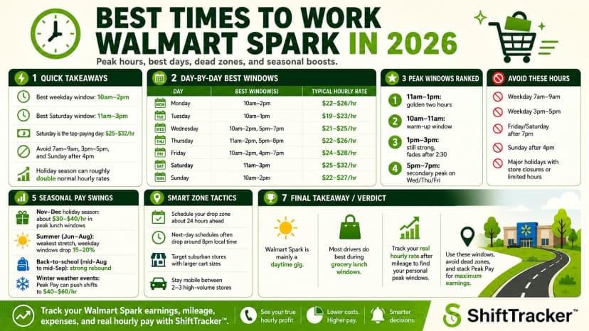 Infographic detailing the best times to work Walmart Spark in 2026, including peak hours and days