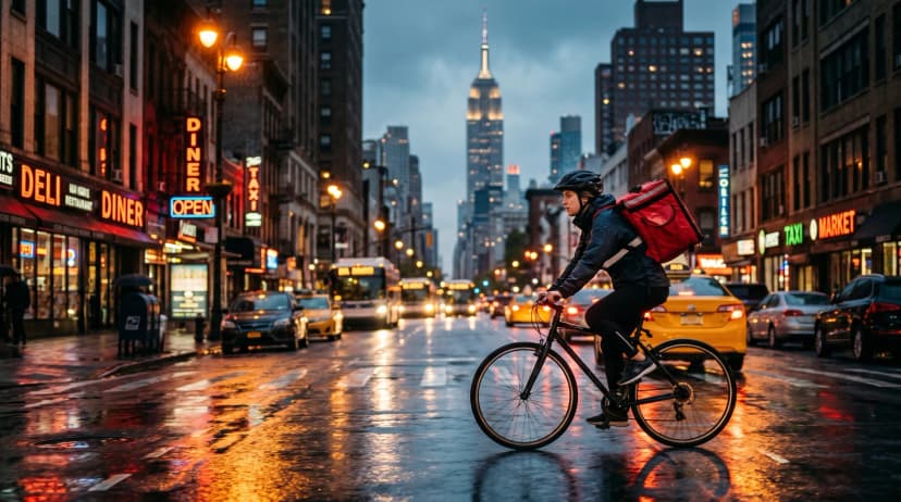 Cyclist with a delivery bag rides through a rainy New York City street, with the Empire State Building in the background