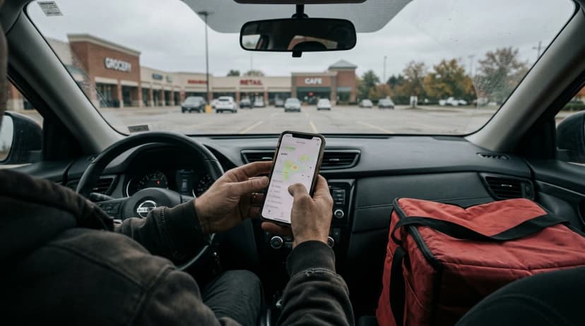 Delivery driver checking orders on a smartphone while parked in a shopping plaza