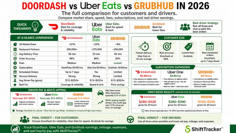 Comparison chart of DoorDash, Uber Eats, and Grubhub in 2026, highlighting driver pay, fees, and customer insights
