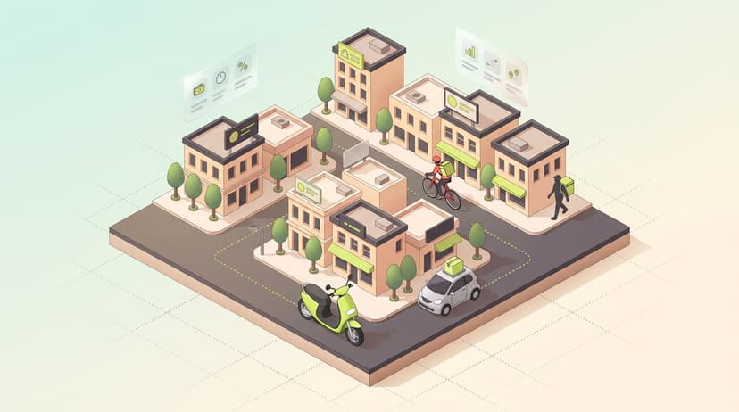 Illustration of a cityscape with gig workers on bikes and scooters, representing the gig economy