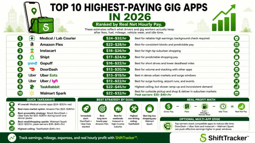Infographic ranking the top 10 highest-paying gig apps in 2026 with estimated hourly pay and strategies