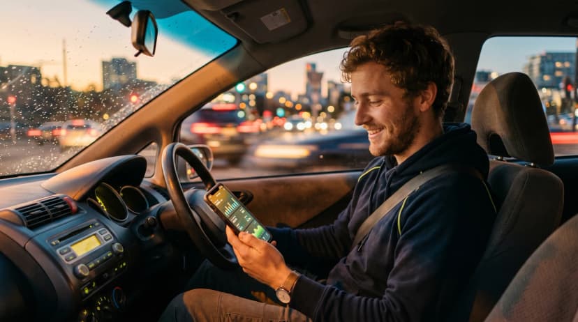 Driver checking earnings on a smartphone while parked in a car during twilight