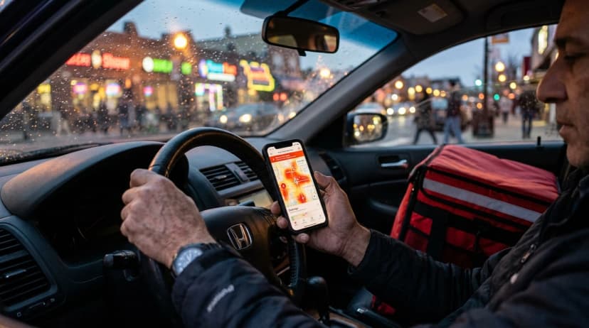Dasher using a smartphone to check orders while driving in a city with illuminated storefronts