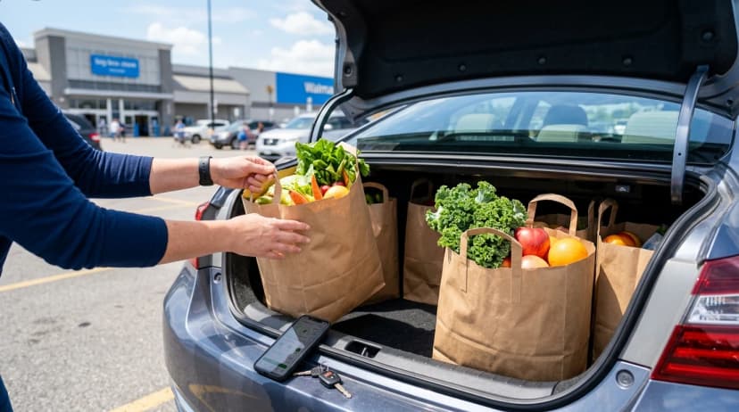 Groceries in paper bags being loaded into a car trunk outside a Walmart store