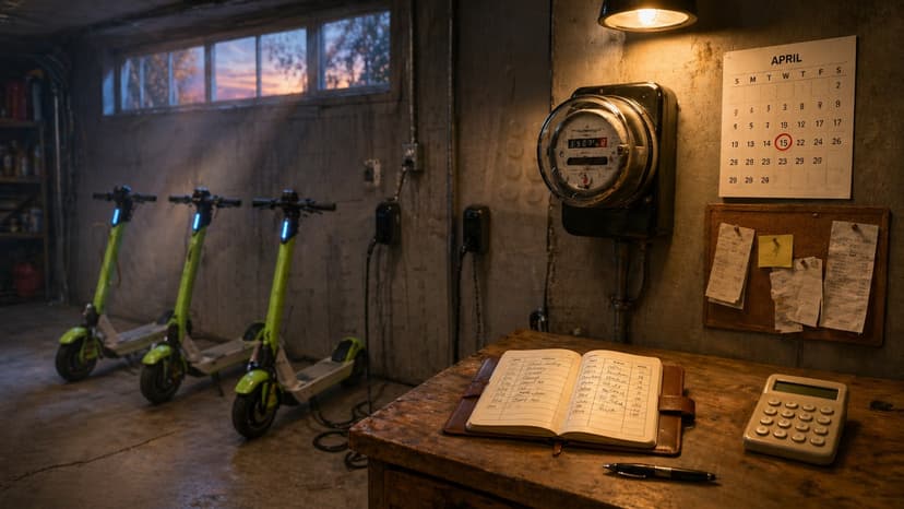 Lime scooters charging in a garage with a calendar, ledger, and calculator on a wooden table — lime juicer taxes