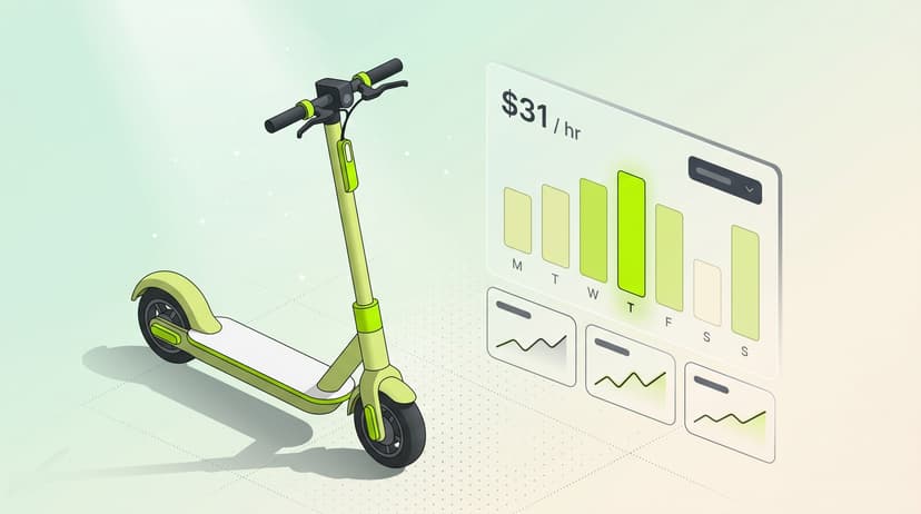 Electric scooter next to a weekly analytics dashboard showing earnings and performance metrics