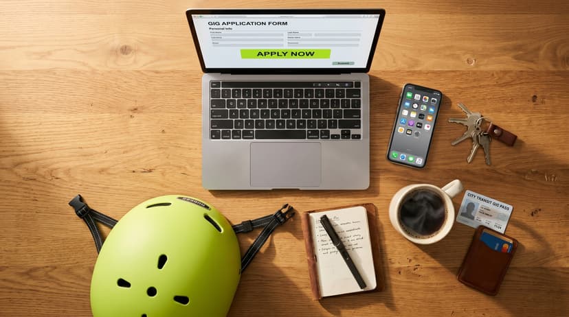 Laptop displaying a gig application form, a green helmet, phone, keys, coffee, and notebook on a wooden table