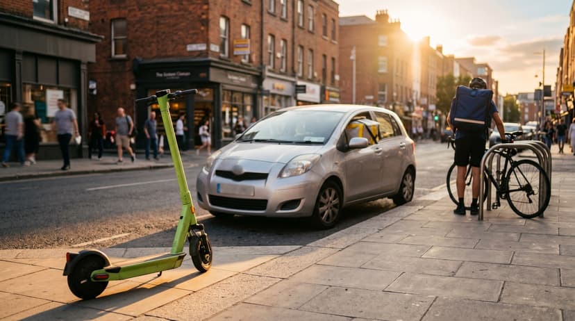 Green electric scooter parked on a city street with a car and a person locking a bicycle in the background