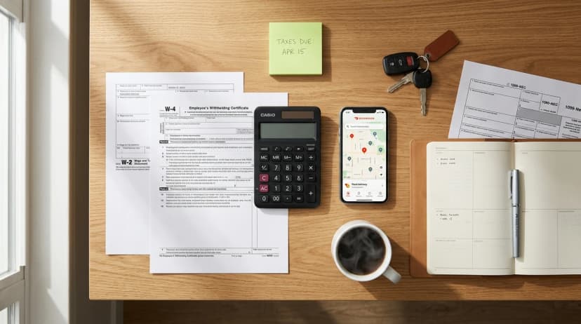 W-2 and W-4 forms on a desk with a calculator, coffee mug, smartphone, and keys, highlighting tax preparation for gig workers