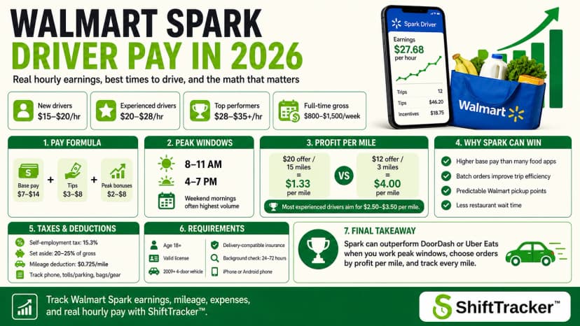 Walmart Spark driver pay infographic for 2026, detailing earnings, delivery rates, and driving tips