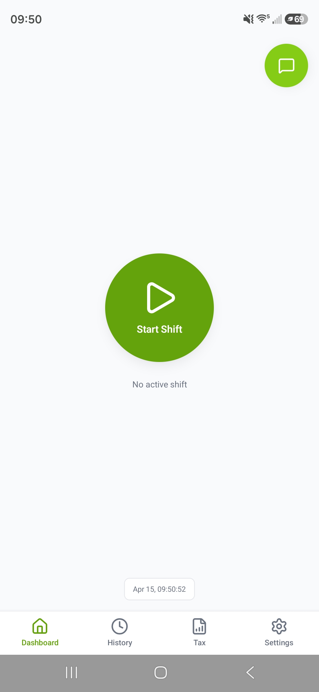 ShiftTracker app dashboard showing the Start Shift button, History, Tax, and Settings tabs