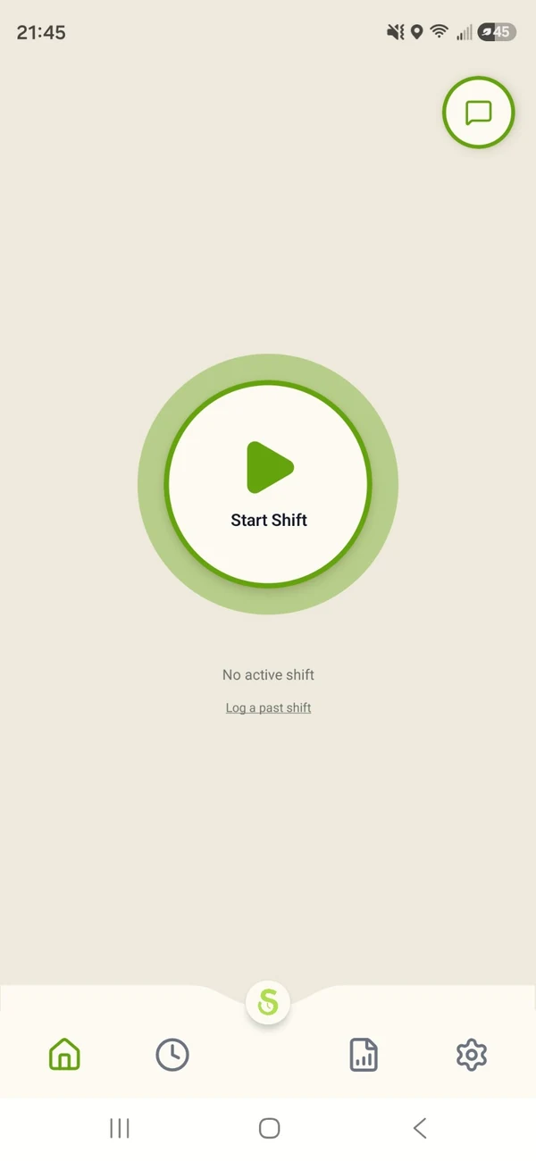 ShiftTracker app home screen with the Start Shift button, a Log a past shift link and the bottom tab bar